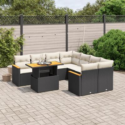 9-delige Loungeset met kussens poly rattan zwart