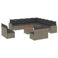 14-delige Loungeset met kussens poly rattan grijs - thumbnail