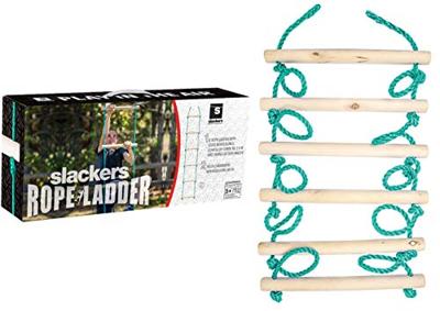 Slackers Ninja Touwlader 2,5 meter lang, 6 houten sporten,250 x 38cm,blank hout/blauw