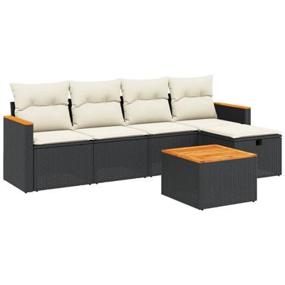 5-delige Loungeset met kussens poly rattan zwart