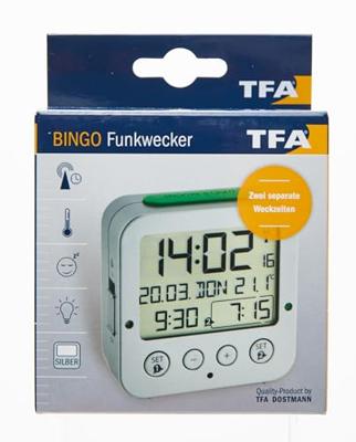 TFA Dostmann 60.2528.54 Zendergestuurd Wekker Zilver Alarmtijden 2