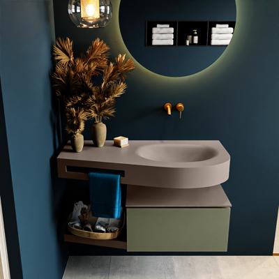 MONDIAZ RIVA 100cm badmeubel onderkast / planchet kleur Army met 1 lade. Wastafel DULCET rechts 0 kraangaten kleur Smoke.