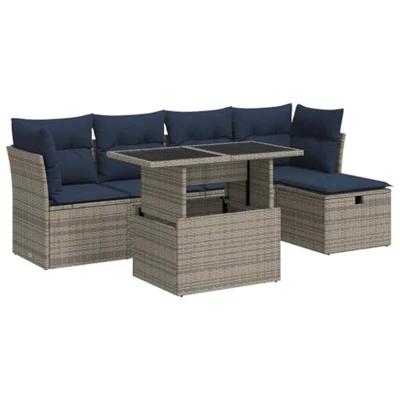 6-delige Loungeset met kussens poly rattan acacia grijs