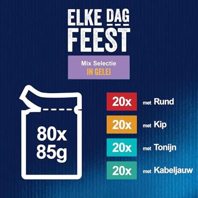 Felix Elke Dag Feest Mix Selectie met tonijn, kabeljauw, rund, kip in gelei natvoer kat 1 doos (80 stuks) - thumbnail