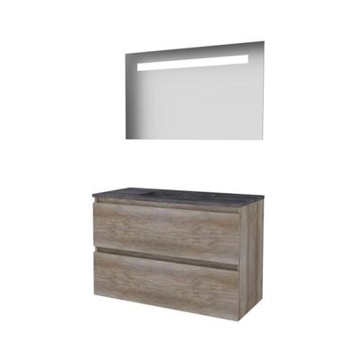 Basic-Line Economic 46 Badkamermeubelset - 100 x 46 cm - Greeploos - 2 Lades - Hardstenen Wastafel - 1 Kraangat - Spiegel met LED Verlichting - Scotch Oak