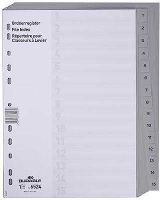 Durable 6524 Register DIN A4 1-15 Polypropyleen Grijs 15 tabbladen Bedrukte tabs 652410 Durable 6524 Register DIN A4 1-15 Polypropyleen Grijs 15 tabbladen Bedrukte tabs 652410