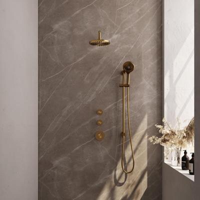 Regendoucheset Inbouw Brauer Gold Edition Thermostatisch 20 cm met Gebogen Wandarm, Glijstang en Handdouche 3-Standen Losse Stopkranen Geborsteld Goud Regendoucheset Inbouw Brauer Gold Edition Thermostatisch 20 cm met Gebogen Wandarm, Glijstang en Handdouche 3-Standen Losse Stopkranen Geborsteld Goud