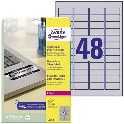 Avery-Zweckform L6009-8 Etiketten voor typeplaatjes 45.7 x 21.2 mm Polyester folie Zilver 384 stuk(s) Permanent hechtend Laser (zwart/wit), Kopiëren Avery-Zweckform L6009-8 Etiketten voor typeplaatjes 45.7 x 21.2 mm Polyester folie Zilver 384 stuk(s) Permanent hechtend Laser (zwart/wit), Kopiëren
