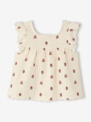 Mouwloze bedrukte blouse ecru