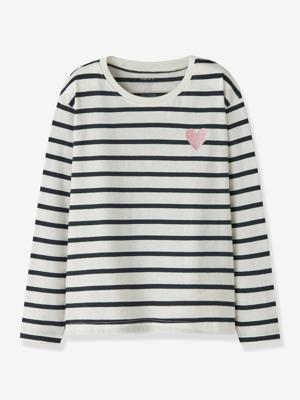 Gestreepte t-shirt voor meisjes NAME IT Boxy-Fit met paillettenhart ecru