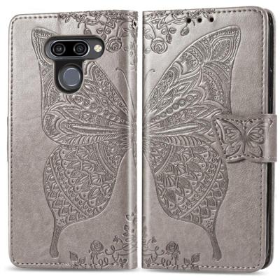 Butterfly Love bloemen reliëf horizontale Flip lederen case voor LG K50 met houder & kaartsleuven & portemonnee & Lanyard (grijs)