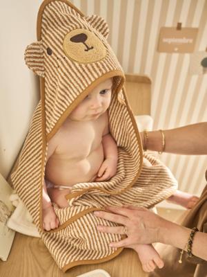 Badcape + washandje PETIT OURS, met gerecycled katoen beige, gestreept