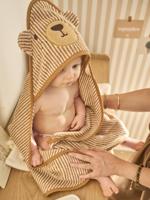 Badcape + washandje PETIT OURS, met gerecycled katoen beige, gestreept - thumbnail