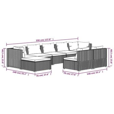 9-delige Loungeset met kussens poly rattan zwart