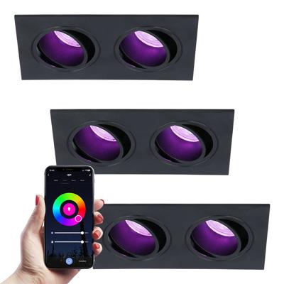 Set van 3 Mallorca LED inbouwspot - IP20 - Kantelbaar - 11 Watt 690 Lumen - Wifi + Bluetooth - RGBWW - Dubbel - GU10 - Google Home, Amazon Alexa en Siri - Rechthoek - Voor binnen - Zwart