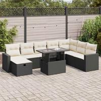 9-delige Loungeset met kussens poly rattan zwart - thumbnail