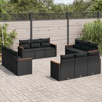 12-delige Loungeset met kussens poly rattan zwart - thumbnail