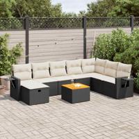 9-delige Loungeset met kussens poly rattan zwart - thumbnail