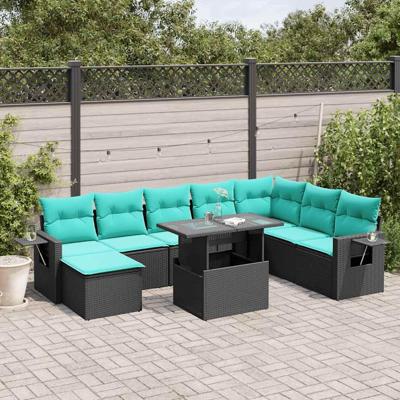 9-delige tuinbankset met kussens van zwart polyrotan