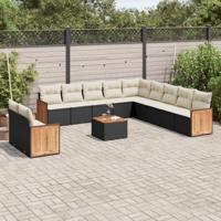 12-delige Loungeset met kussens poly rattan zwart - thumbnail
