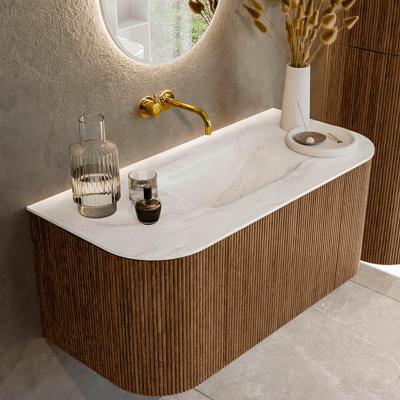 Mondiaz KURVE-DLUX 100 cm Onderkast Greeploos 1 Lade Met Deuren Walnut, Wastafel Solid Surface MIdden Ostra 0 Kraangaten Zonder Spiegel (KRVGRU100L+R1L2D0KM-Wal/Ost)