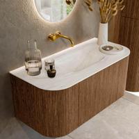 Mondiaz KURVE-DLUX 100 cm Onderkast Greeploos 1 Lade Met Deuren Walnut, Wastafel Solid Surface MIdden Ostra 0 Kraangaten Zonder Spiegel (KRVGRU100L+R1L2D0KM-Wal/Ost) - thumbnail