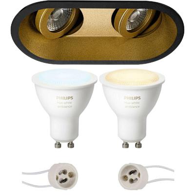 Pragmi Zano Pro - Inbouw Ovaal Dubbel - Mat Zwart/Goud - Kantelbaar - 185x93mm - Philips Hue - LED Spot Set GU10 - White Ambiance - Bluetooth