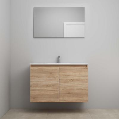 On-Line Badkamermeubelset - 100 cm - Voorgemonteerd - Greeploos 2 Deuren - Porseleinen Wastafel - 1 Kraangat - Spiegel - Eiken
