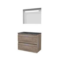 Basic-Line Economic 46 Badkamermeubelset - 80 x 46 cm - Greeploos - 2 Lades - Hardstenen Wastafel - 1 Kraangat - Spiegel met LED Verlichting - Scotch Oak - thumbnail