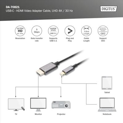 Digitus USB 3.2 Gen 1 (USB 3.0), USB 3.2 Gen 1 (USB 3.0) Adapterkabel [1x USB 3.2 Gen 2 stekker C (USB 3.1), USB-C stekker - 1x HDMI-stekker] DA-70821 1.80 m