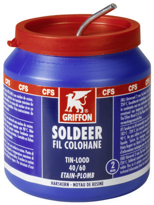 Griffon Draadsoldeer Tin/Lood 40/60 Harskern | Ø 2.0 mm Pot | 500 g - 1236125 Griffon Draadsoldeer Tin/Lood 40/60 Harskern | Ø 2.0 mm Pot | 500 g - 1236125