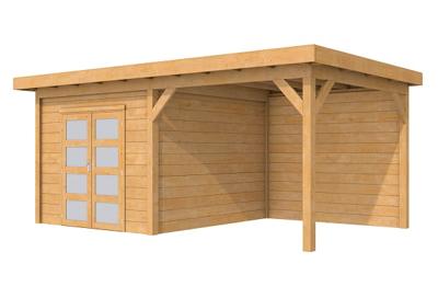 Woodvision Roek Topvision tuinhuis 303x303 cm + overkapping 300 cm Douglas blank- Plat dak- Onbehandeld lariks Douglas hout- Woodvision