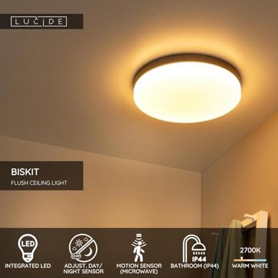 Lucide BISKIT - Plafonnière Badkamer - Ø 40 cm - LED - 1x36W 2700K - IP44 - Bewegingssensor - Zwart