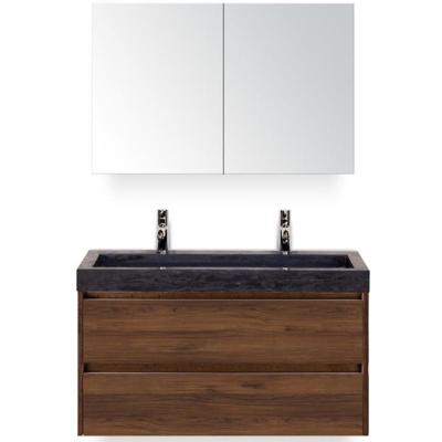 Dante Badmeubelset 100 cm - Walnoot - Wastafel Hardsteen Wit Lucca 2 Kraangaten met Spiegelkast