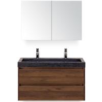 Dante Badmeubelset 100 cm - Walnoot - Wastafel Hardsteen Wit Lucca 2 Kraangaten met Spiegelkast - thumbnail