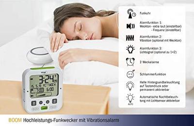 TFA Dostmann 60.2538.02 Wekker Zendergestuurd Wit, Groen Alarmtijden 2 Trilalarm, Extra luid wekgeluid, Groot display TFA Dostmann 60.2538.02 Wekker Zendergestuurd Wit, Groen Alarmtijden 2 Trilalarm, Extra luid wekgeluid, Groot display