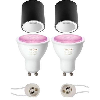 Pragmi Cliron Pro - Opbouw Rond - Mat Zwart/Wit - Verdiept - Ø90mm - Philips Hue - Opbouwspot Set GU10 - White and Color Ambiance - Bluetooth
