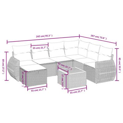 8-delige Loungeset met kussens poly rattan zwart - thumbnail