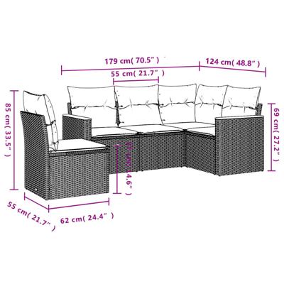 5-delige Loungeset met kussens poly rattan grijs 5-delige Loungeset met kussens poly rattan grijs