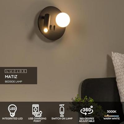 Lucide MATIZ - Bedlamp / Wandlamp - Ø 16,5 cm - LED - 3000K - Met USB oplaadpunt - Zwart Lucide MATIZ - Bedlamp / Wandlamp - Ø 16,5 cm - LED - 3000K - Met USB oplaadpunt - Zwart