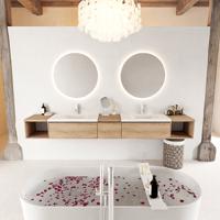 MONDIAZ BUKLA 280cm badmeubel met open module 40 L+R kleur Washed Oak met 3 lades. Wastafel CLOUD dubbel 2 kraangaten kleur Talc. - thumbnail