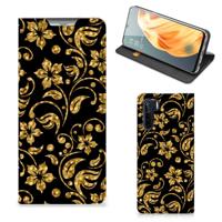 OPPO Reno3 | A91 Smart Cover Gouden Bloemen - thumbnail