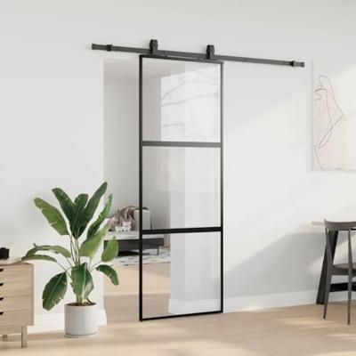 Schuifdeur met beslagset 76x205 cm gehard glas zwart