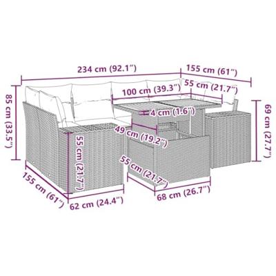 7-delige Loungeset met kussens poly rattan grijs