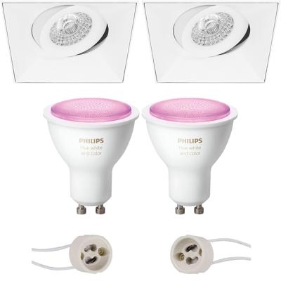 GU10 Inbouwspot Set - Mat Wit - Inbouw Vierkant - Trimless - Kantelbaar - Philips Hue - White and Color Ambiance - Bluetooth - Pragmi Nivas Pro - 150mm