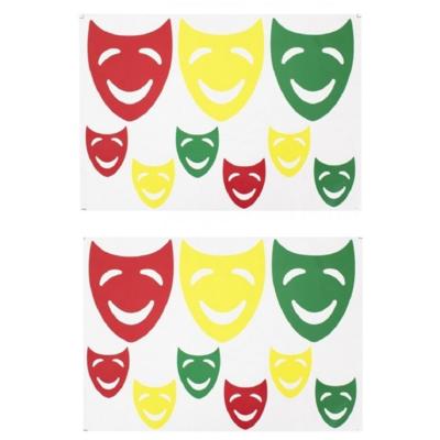 3x Sets Raamsticker Lachende Maskers Rood/geel/groen 35 X 40 Cm Carnaval - Raamstickers