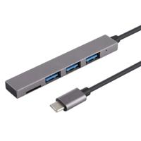 T-809B TF kaart lezer + 3 x USB 3.0 poorten naar USB-C / Type-C HUB Converter kabel lengte: 13 cm (grijs) - thumbnail