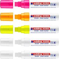 Edding krijtmarker e-4090 schuine punt etui van 5 stuks: 2 x wit, 1 x geel, 1 x oranje en 1 x roze - thumbnail