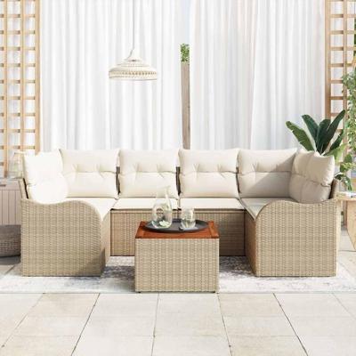Tuinbankenset met opslag 7 pcs Beige en Crème poly rattan