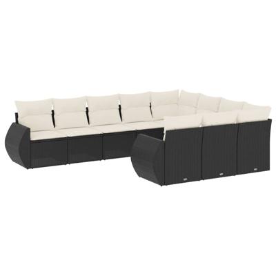 10-delige Loungeset met kussens poly rattan zwart - thumbnail